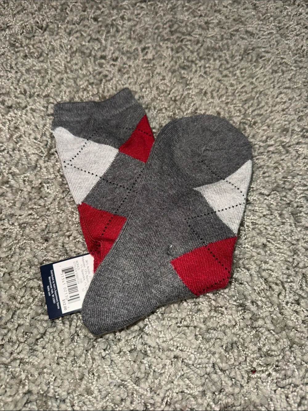 Argyle Crew Socks in Gray, Red & White - Womens 9-11